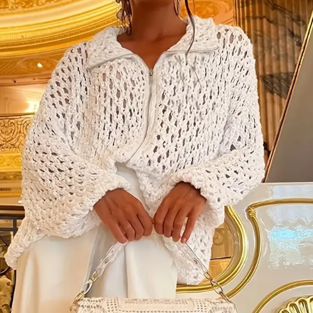 White Open Weave Crochet Knit Sweater Jacket / Zip up long sleeve